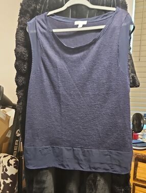 New York & Company Navy Textured Mixed-Fabric Sleeveless Top